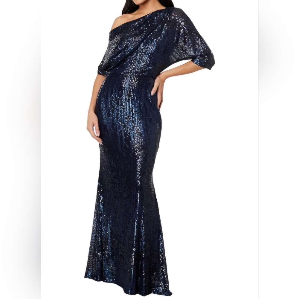 Betsy & Adam Women's Off the Shoulder Sequin Gown, Navy Blue, 16